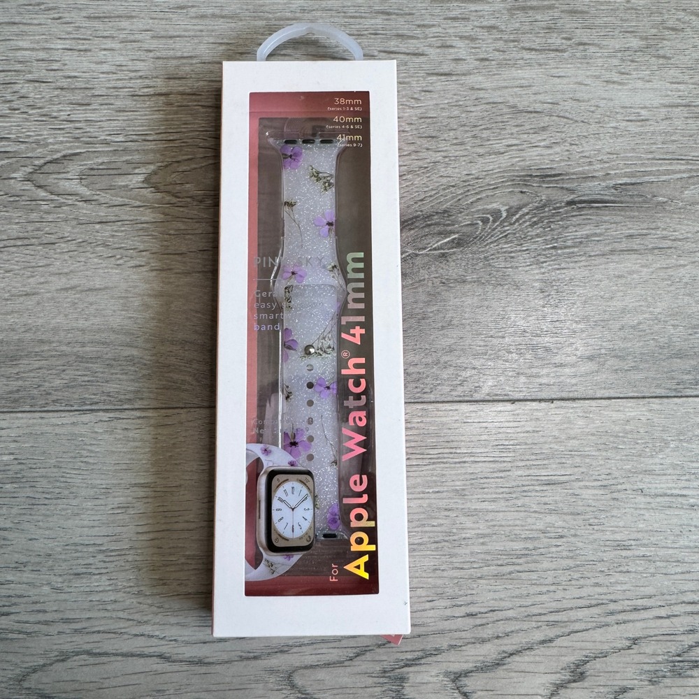 Pink Sky For Apple Watch Band 38/40/41mm Geranium‎ Floral Glitter Clear Silicone